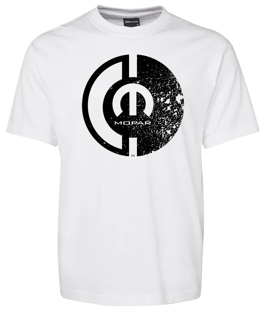 The Corsa Clothing Mopar Lock Shirt is a white tee with a large, distressed black Mopar logo centered on the front and "MOPAR" printed below.