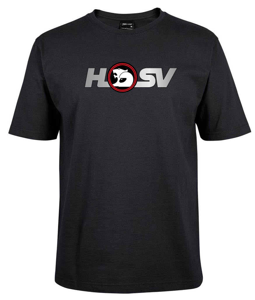 The HSV shirt by Corsa Clothing is a black t-shirt with gray and white "HSV" lettering across the chest and a red circle lion head logo between the H and S.