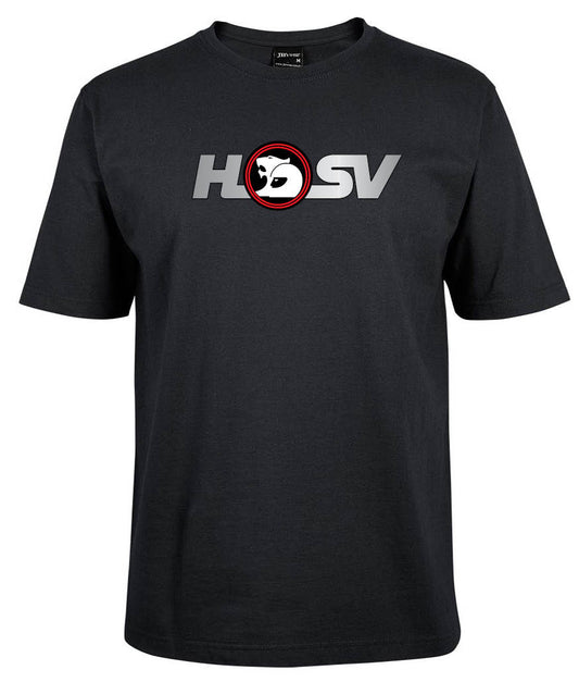 The HSV shirt by Corsa Clothing is a black t-shirt with gray and white "HSV" lettering across the chest and a red circle lion head logo between the H and S.