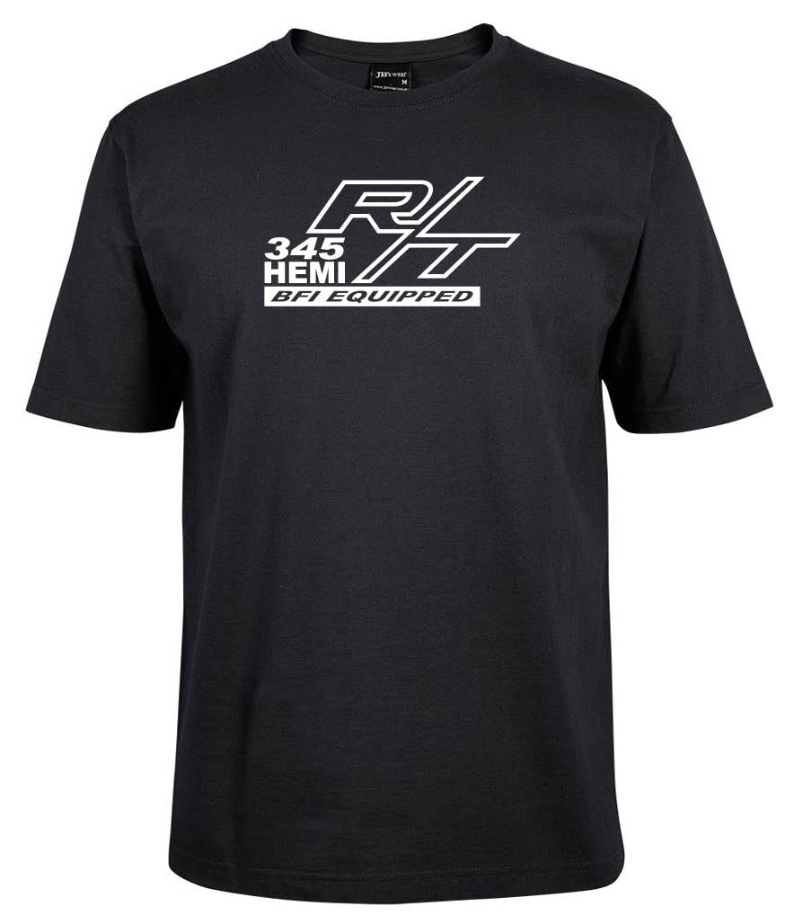 The Hemi R/T Shirt by Corsa Clothing is a black tee featuring bold white "R/T 345 HEMI BFI EQUIPPED" text and graphics on the chest in a sporty design.