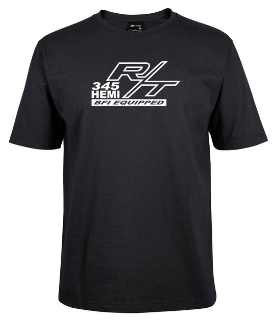 The Hemi R/T Shirt by Corsa Clothing is a black tee featuring bold white "R/T 345 HEMI BFI EQUIPPED" text and graphics on the chest in a sporty design.