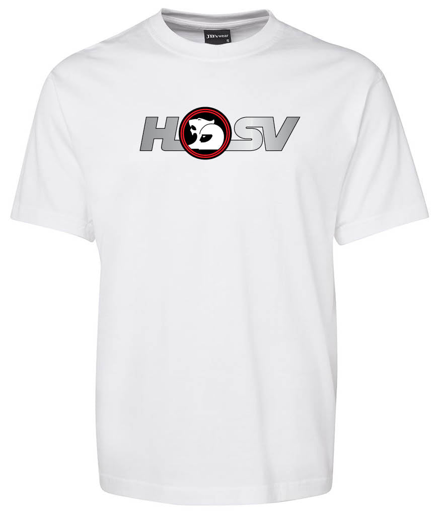 The HSV Shirt by Corsa Clothing is a white tee with 'HSV' in gray across the chest; the letter O features a red and black lion head emblem inside a circle.