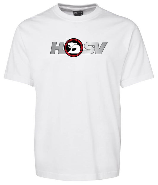The HSV Shirt by Corsa Clothing is a white tee with 'HSV' in gray across the chest; the letter O features a red and black lion head emblem inside a circle.