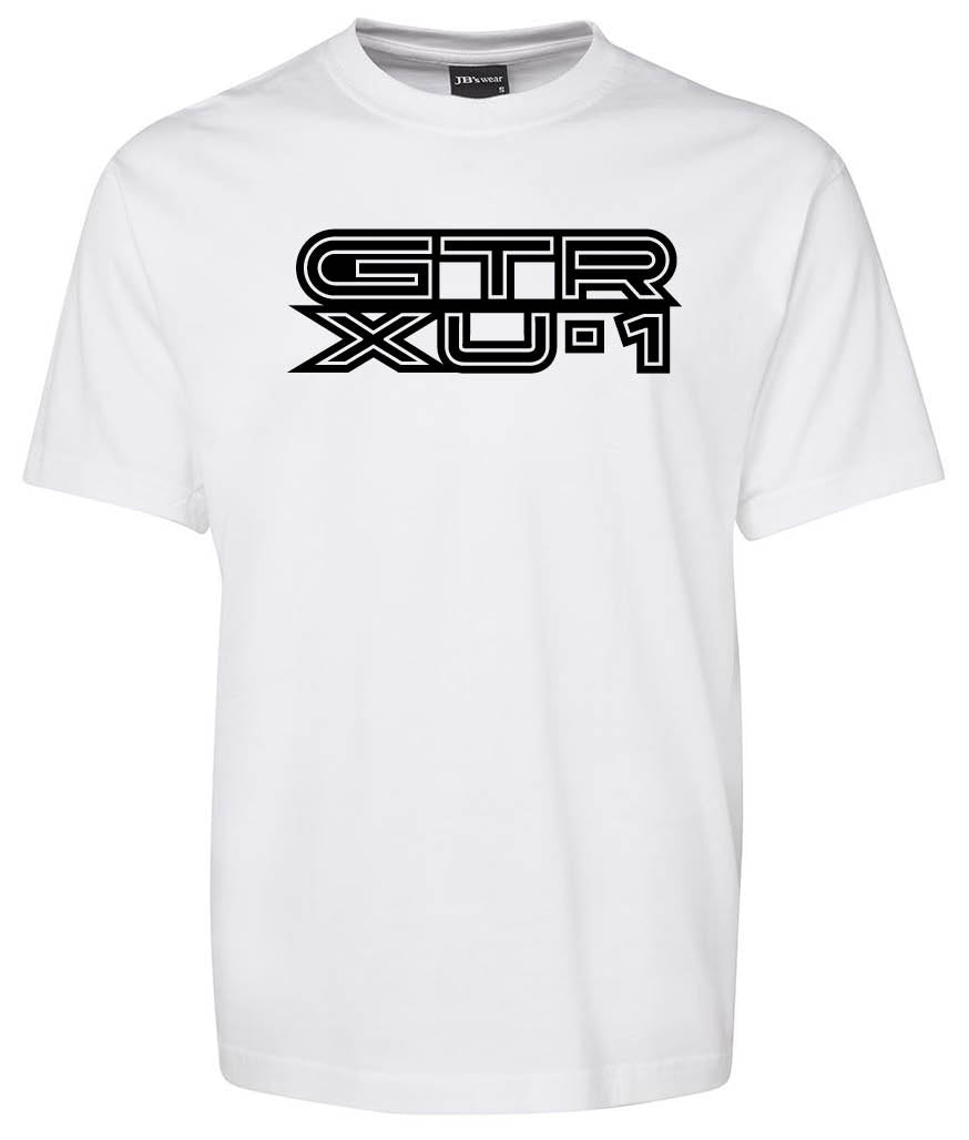 A white Corsa Clothing t-shirt with bold, black GTR XU-1 text in a stylized font across the chest.