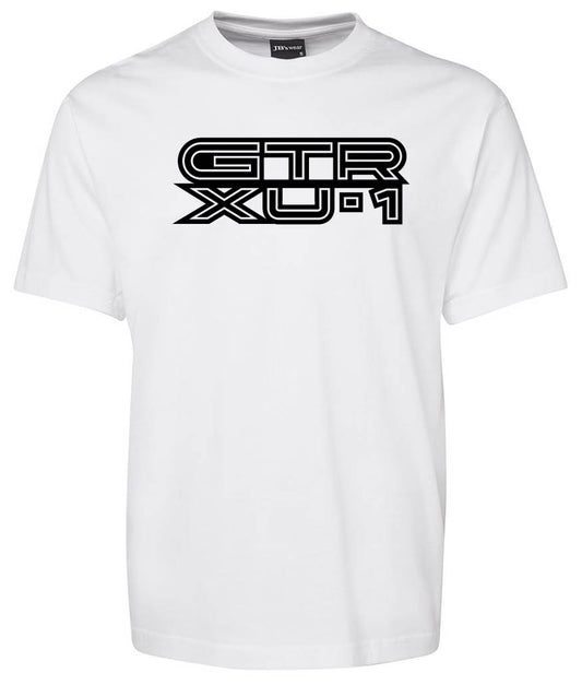 A white Corsa Clothing t-shirt with bold, black GTR XU-1 text in a stylized font across the chest.