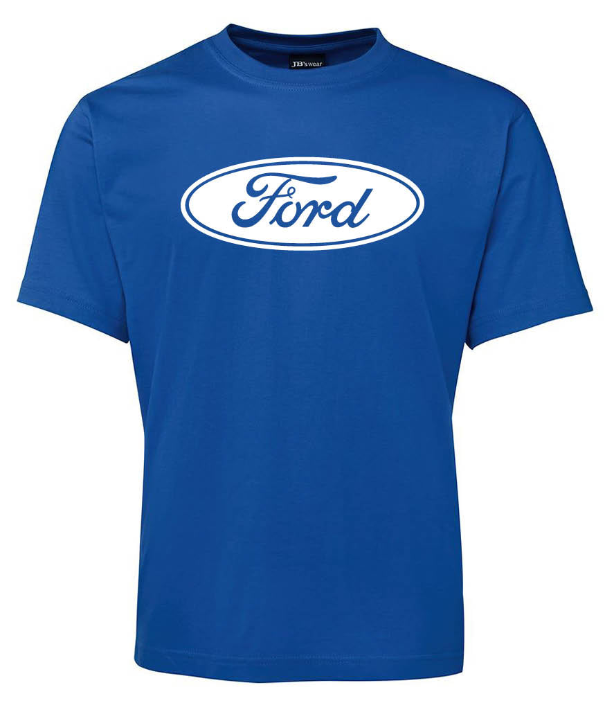 The Corsa Clothing Ford Shirt is a blue tee with the classic white Ford logo in cursive inside an oval on the chest.