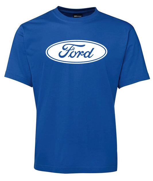 The Corsa Clothing Ford Shirt is a blue tee with the classic white Ford logo in cursive inside an oval on the chest.