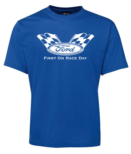 The Ford Racing Shirt by Corsa Clothing is a blue tee with a white Ford logo, two checkered flags, and "First On Race Day" text below the logo.