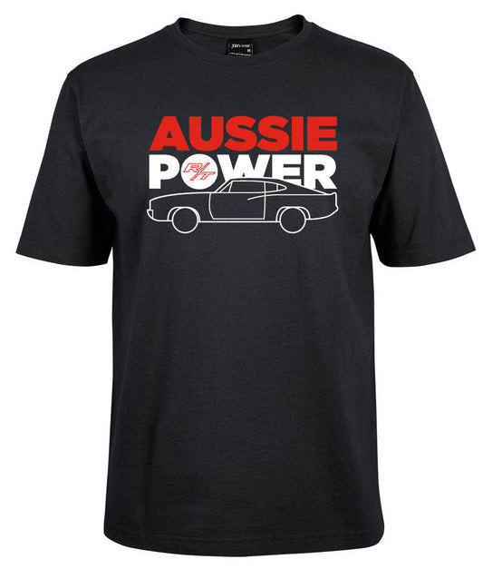 The Corsa Clothing Aussie Power Shirt is a black tee featuring bold red and white "AUSSIE POWER" text above a classic muscle car outlined in white.