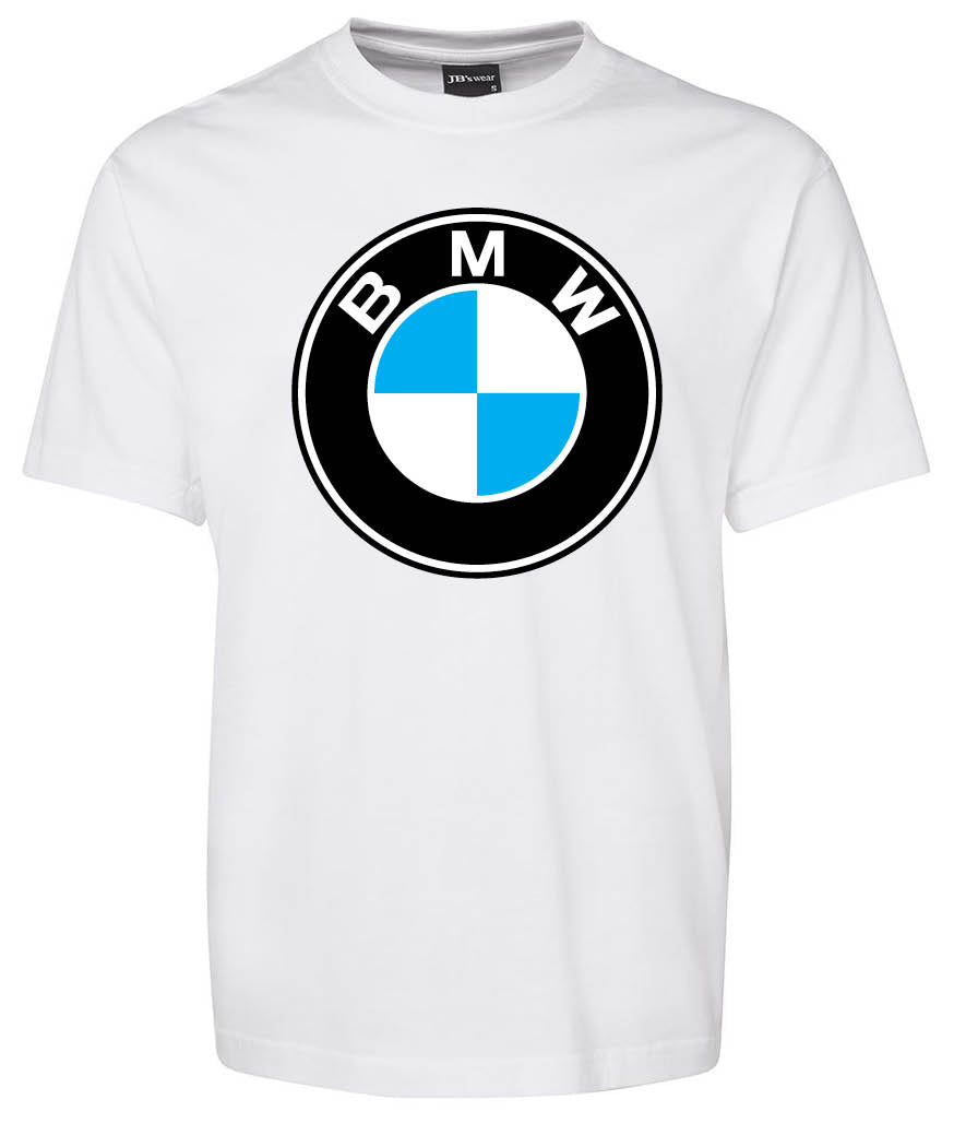 The Corsa Clothing BMW Shirt is a white t-shirt with a bold central BMW logo, showcasing the "BMW" letters above the brand's iconic black, white, and blue circle design.