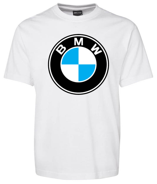The Corsa Clothing BMW Shirt is a white t-shirt with a bold central BMW logo, showcasing the "BMW" letters above the brand's iconic black, white, and blue circle design.