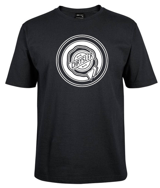 The Corsa Clothing CHRYSLER Shirt is a black tee with a white circular Chrysler logo, featuring stylized text and a geometric border at the center chest. No other graphics or text appear on the shirt.