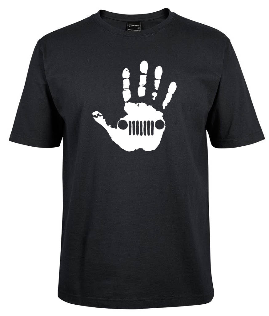 The JeepWavers Shirt by Corsa Clothing is a black tee featuring a white handprint graphic with a Jeep grille and headlights design in the palm.