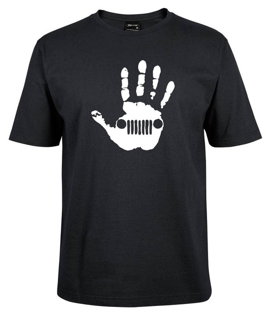 The JeepWavers Shirt by Corsa Clothing is a black tee featuring a white handprint graphic with a Jeep grille and headlights design in the palm.