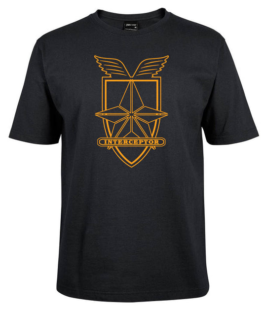 The Mad Max Interceptor Shirt by Corsa Clothing is a black tee with a yellow shield and wing emblem, geometric star, and INTERCEPTOR banner across the center.