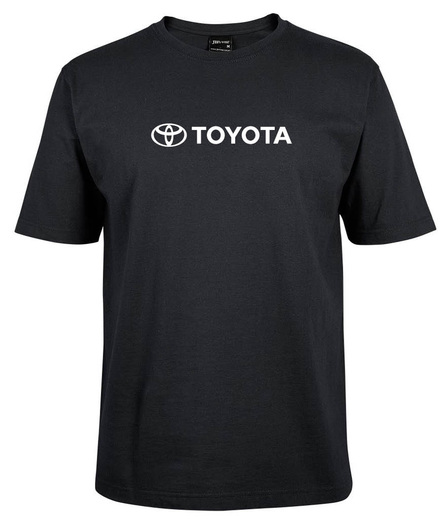 The Toyota Shirt by Corsa Clothing is a plain black T-shirt with the white Toyota logo and the word "TOYOTA" printed across the chest.