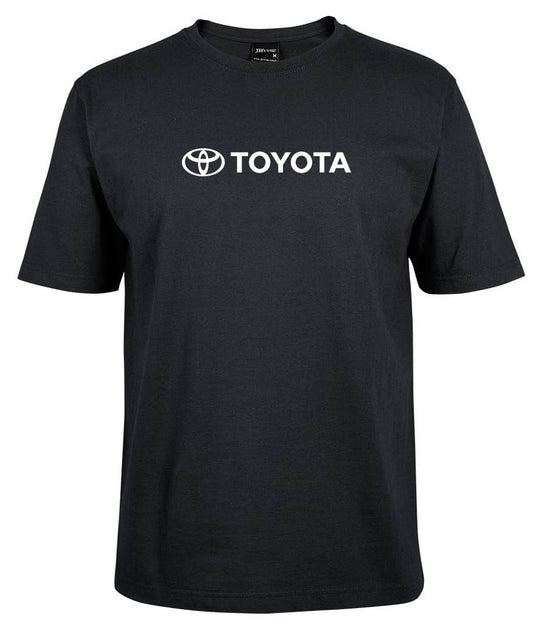 The Toyota Shirt by Corsa Clothing is a plain black T-shirt with the white Toyota logo and the word "TOYOTA" printed across the chest.