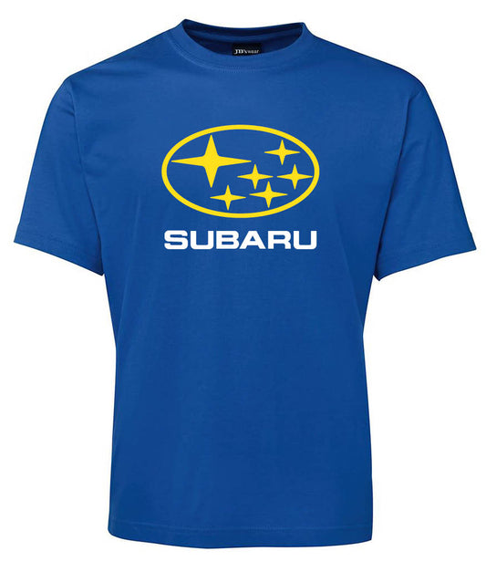 The Corsa Clothing Subaru Shirt is a blue tee with a yellow Subaru logo above "SUBARU" in white, centered on the chest.