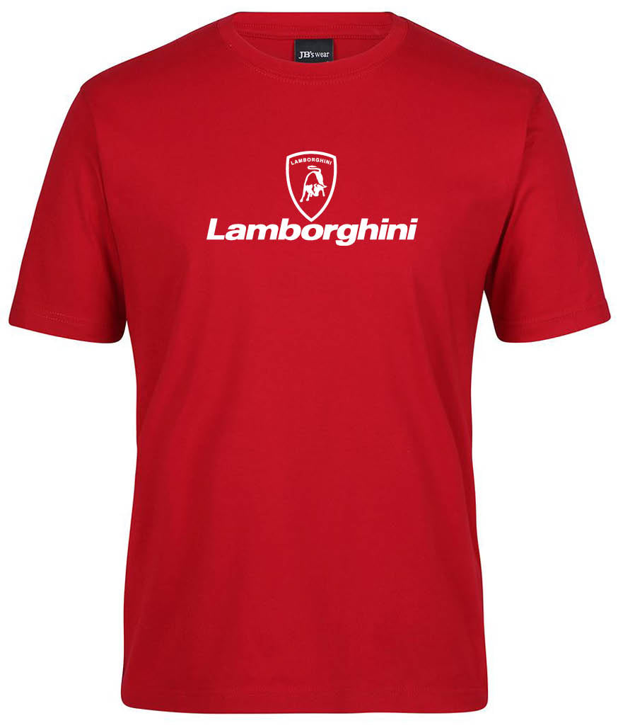 The Lamborghini Red T-shirt by Corsa Clothing features the white Lamborghini logo and text on the front.