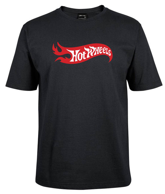 The Corsa Clothing Hot Wheels Shirt is a black tee with the classic red and white Hot Wheels logo and flame design across the chest.