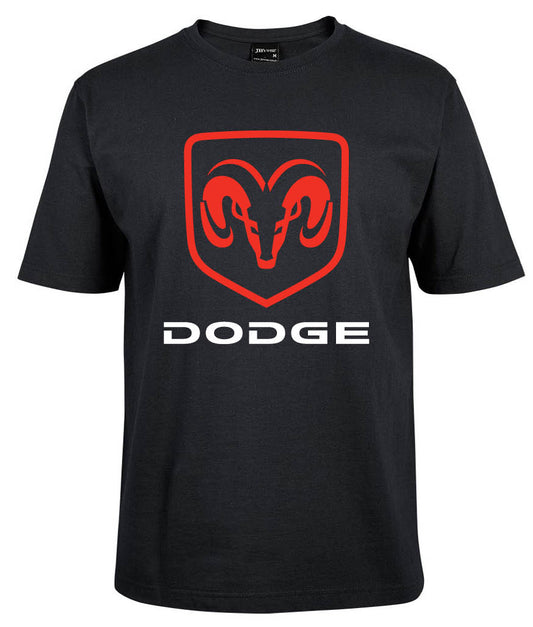 The Corsa Clothing Dodge Shirt is a black tee with a red Dodge ram head logo above bold white "DODGE" lettering on the front.