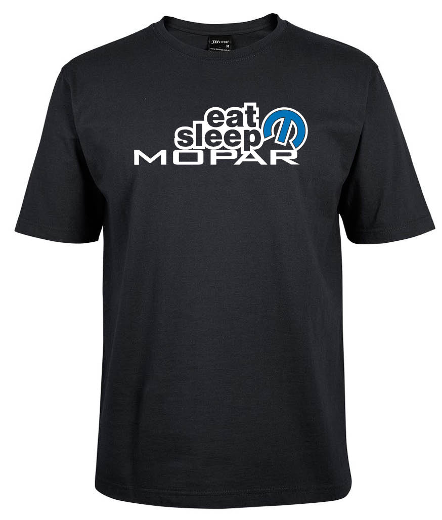 The Eat Sleep Morpa Shirt by Corsa Clothing is a black tee featuring “eat sleep MOPAR” in white text on the chest, with a blue Mopar logo creatively used in the word “sleep.”.