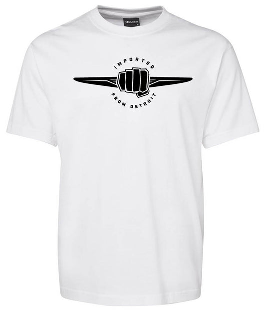The DETROIT Shirt by Corsa Clothing is a white tee with a graphic of a fist gripping a horizontal bar and "IMPORTED FROM DETROIT" arched above and below the design in black text.