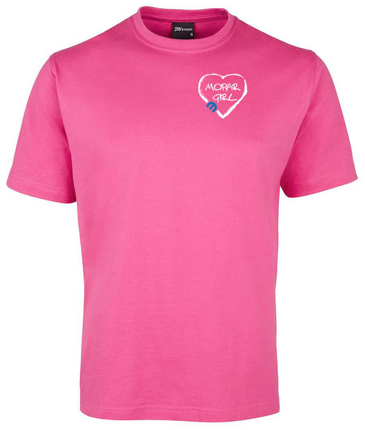 The Corsa Clothing Mopar Girl Shirt is bright pink with a white heart outline and "MOPAR GIRL" text on the left chest, plus a small blue Mopar logo beneath the heart.