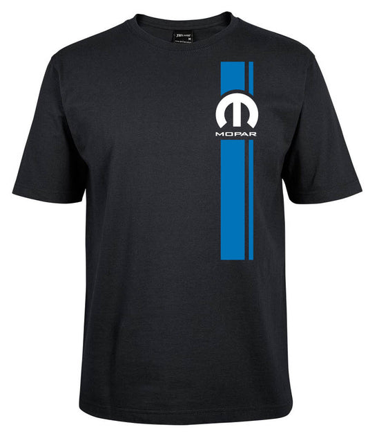 The Mopar Left Stripe Shirt by Corsa Clothing is a black tee displaying the white Mopar logo above "Mopar," plus two vertical blue stripes down the right front side.