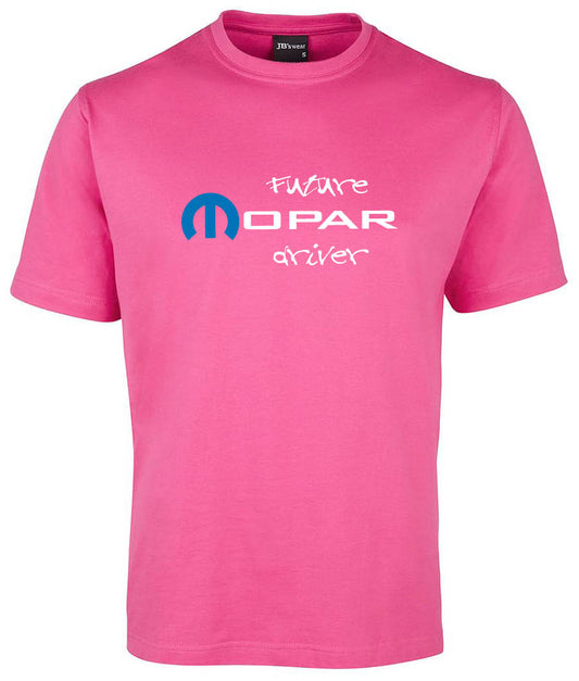 The Corsa Clothing Future Mopar Shirt is a pink tee with "future MOPAR driver" in white and blue lettering, plus the blue MOPAR logo above "MOPAR" on the chest.