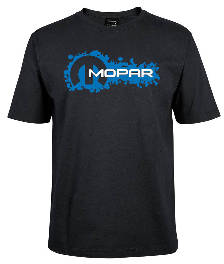 The Mopar Decal Shirt by Corsa Clothing is a black T-shirt with a bold blue Mopar logo and a splatter design on the chest.