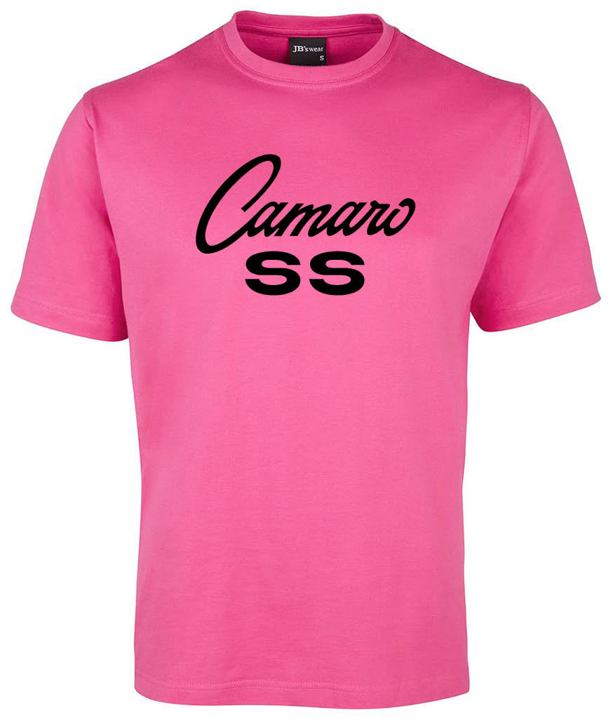 The Camaro SS Shirt by Corsa Clothing is a bright pink tee featuring "Camaro SS" in bold, stylized black font on the front.