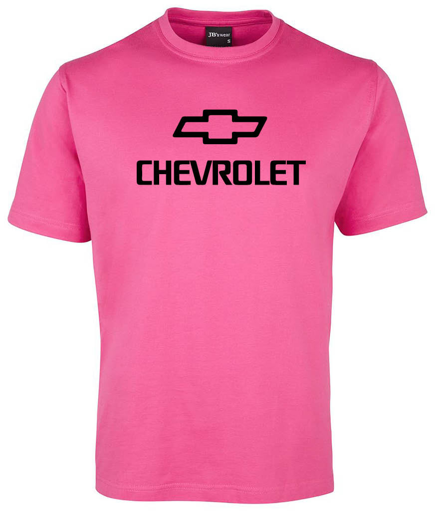 The Chevrolet Shirt by Corsa Clothing is a pink T-shirt with a bold black Chevrolet logo and the word CHEVROLET printed on the front.