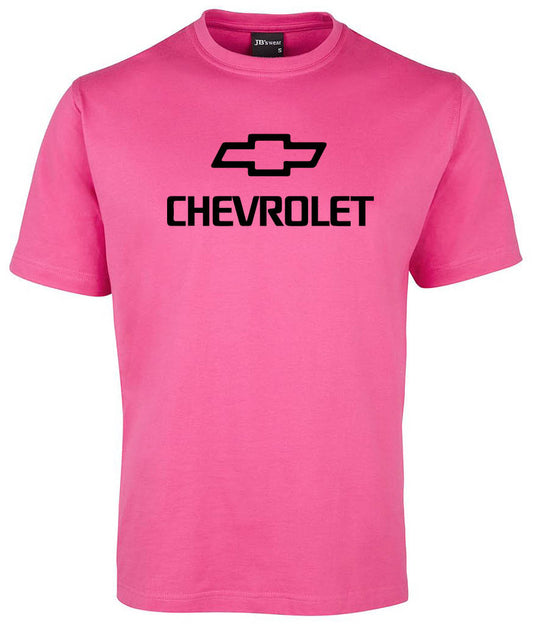 The Chevrolet Shirt by Corsa Clothing is a pink T-shirt with a bold black Chevrolet logo and the word CHEVROLET printed on the front.