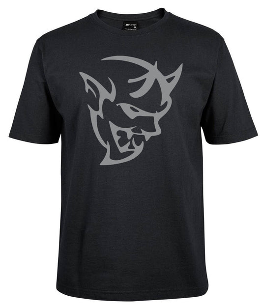 The Dodge Demon Shirt by Corsa Clothing is a black tee with a bold, stylized gray devil head featuring sharp features, pointed ears, and horns printed on the front center.
