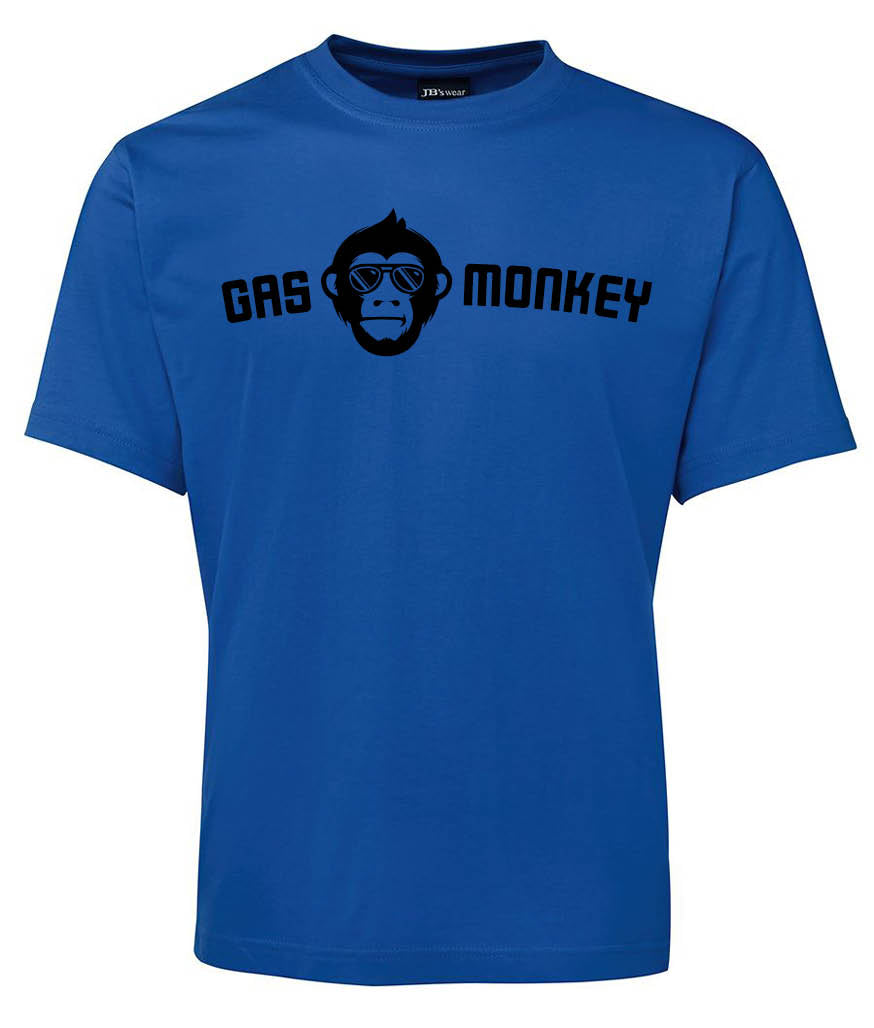 The Gas Monkey Shirt by Corsa Clothing is a blue tee with a black graphic of a sunglasses-wearing monkey and the text "GAS MONKEY" on each side.
