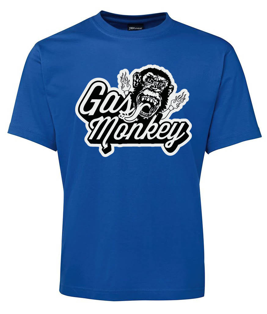 The Gas Monkey Shirt by Corsa Clothing is a blue tee with a bold, roaring monkey graphic and stylized "Gas Monkey" text in striking white and black across the chest.