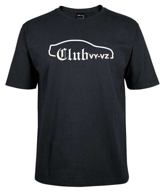 The Club VY VZ Shirt by Corsa Clothing is a black tee with a white car silhouette above "Club" in stylized font and "YY-VZ" printed on the chest.