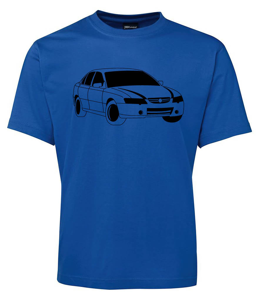 The Car Drawing Shirt by Corsa Clothing is a blue tee with a black outlined car graphic on the front.