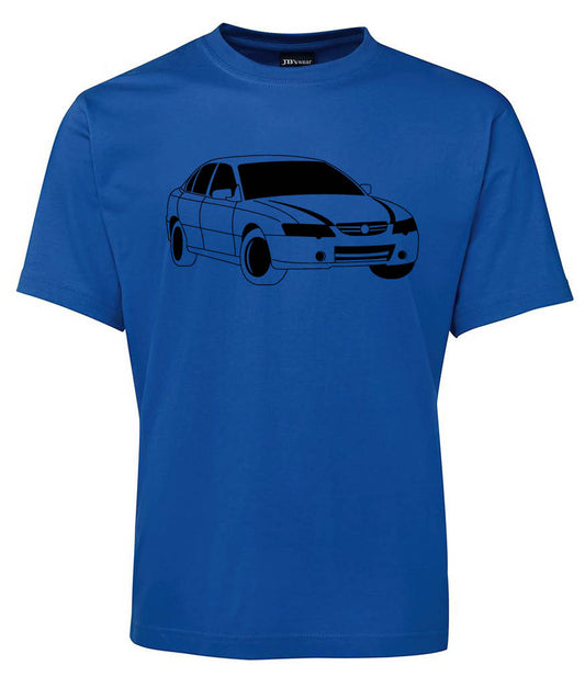 The Car Drawing Shirt by Corsa Clothing is a blue tee with a black outlined car graphic on the front.