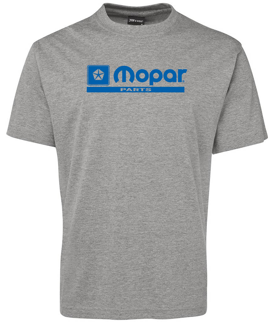 The Corsa Clothing Mopar Shirt is a gray tee featuring a blue Mopar Parts logo with a star inside a square on the chest.
