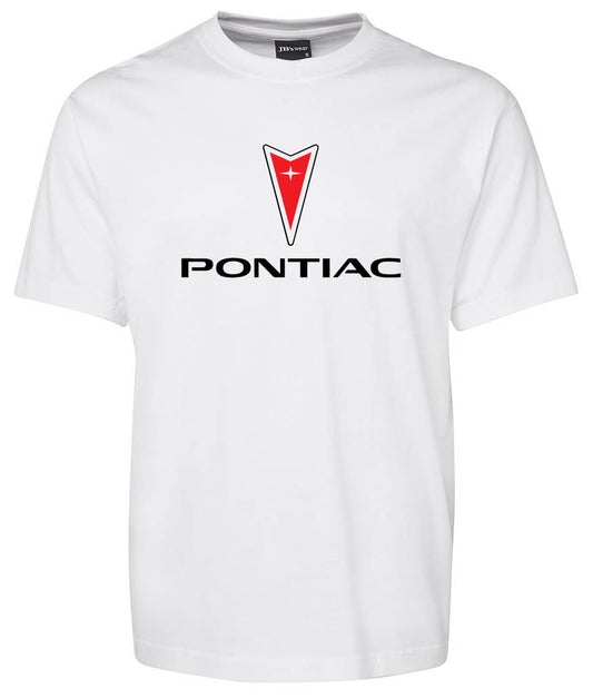 The Pontiac Logo Shirt by Corsa Clothing is a plain white tee with the red and silver Pontiac logo above bold, uppercase black "PONTIAC" text on the front.