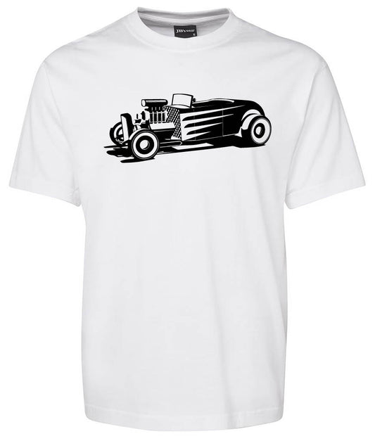 The Classic Old Car Shirt by Corsa Clothing is a white tee featuring a black vintage hot rod car graphic on the front.