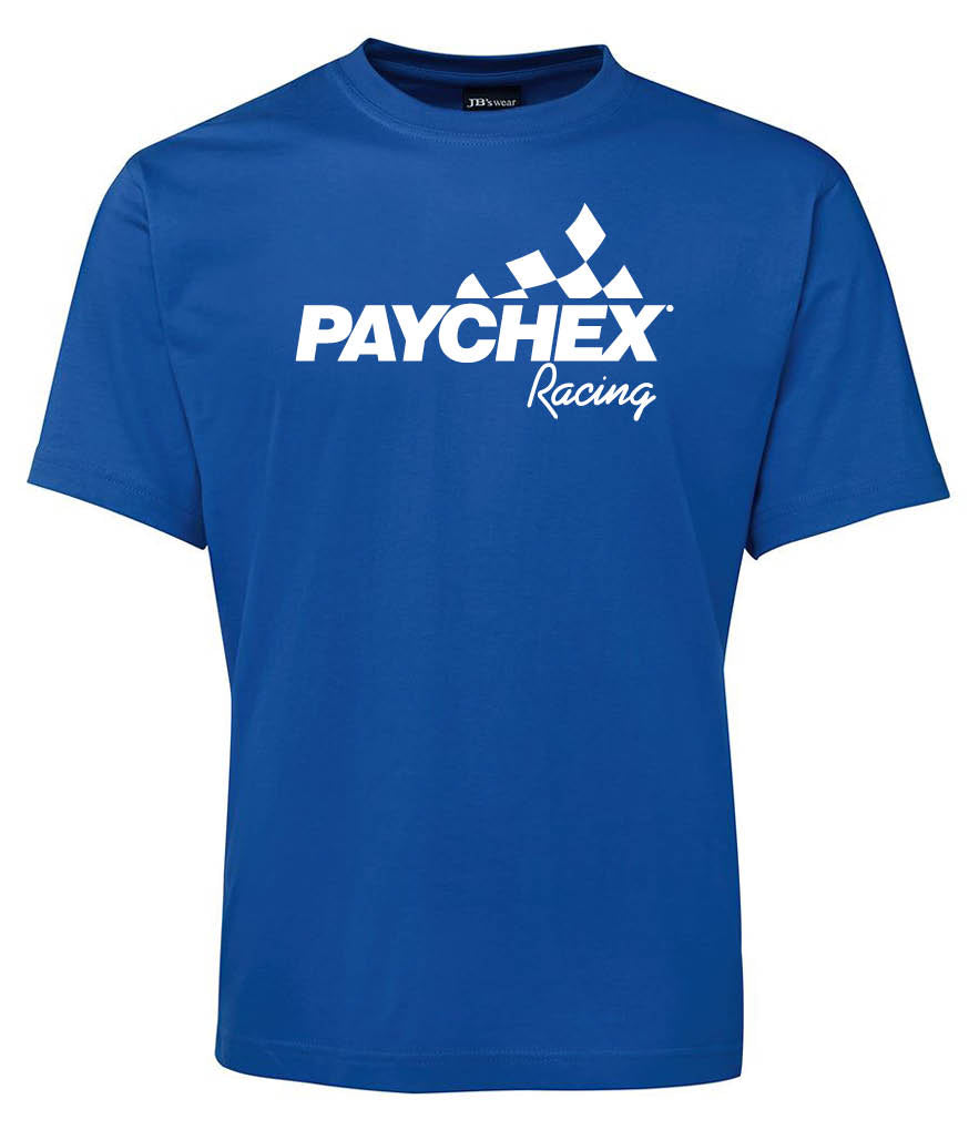 The Corsa Clothing Paychex Logo Shirt is a royal blue tee with "PAYCHEX Racing" in white and a checkered flag design above the text.