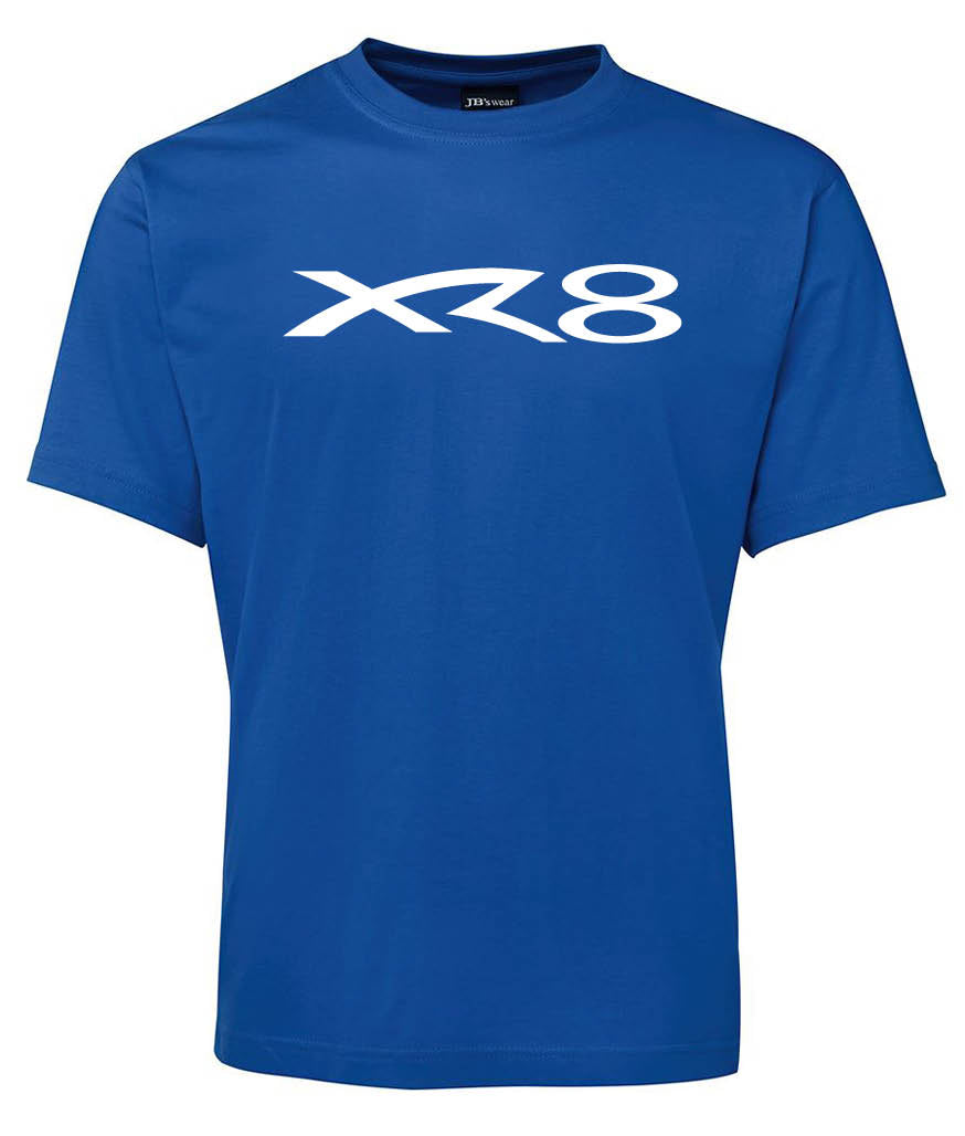 The X8 Shirt by Corsa Clothing is a blue short-sleeve T-shirt featuring large white stylized "XR8" lettering across the chest.