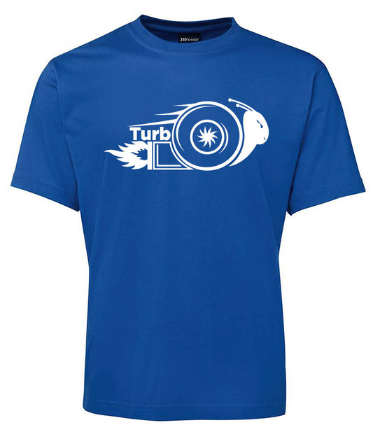 The Corsa Clothing Turbo Snail Shirt is a blue tee with a white turbocharger snail graphic, “Turbo” label, and flame details centered on the chest.