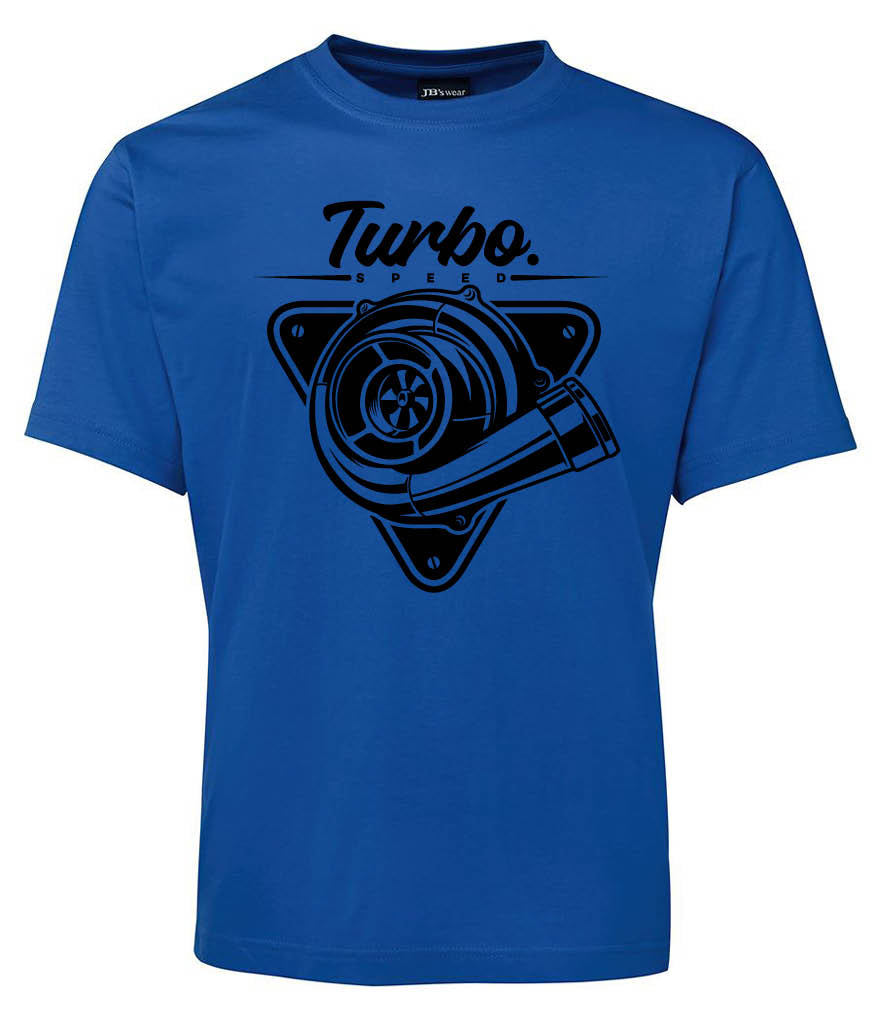 Corsa Clothing Turbo Speed Shirt: Blue tee featuring a black turbocharger graphic with "Turbo Speed" printed above.