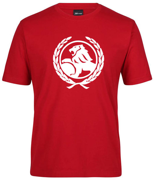 The Corsa Clothing Loin Badge Shirt is a red tee with a white lion graphic inside a laurel wreath on the front.