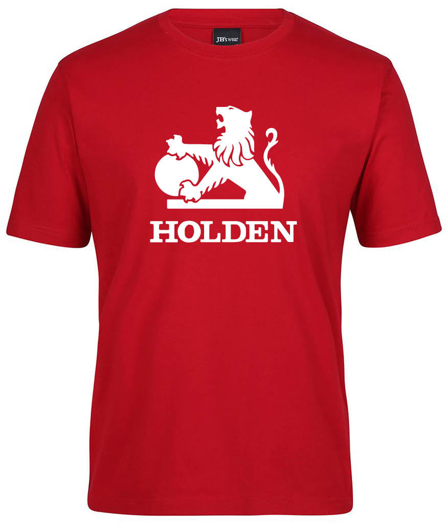 The Holden Tiger Logo shirt by Corsa Clothing is a red tee with a white tiger logo, its paw on a ball, above "HOLDEN" in bold capitals.