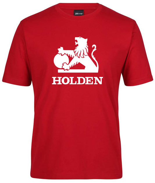 The Holden Tiger Logo shirt by Corsa Clothing is a red tee with a white tiger logo, its paw on a ball, above "HOLDEN" in bold capitals.